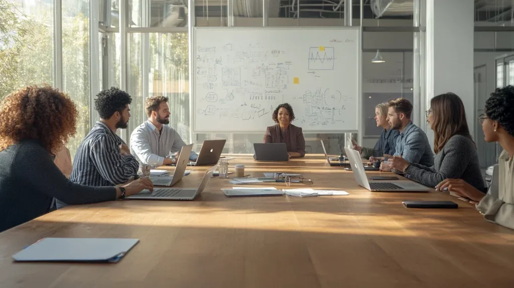 Équipe réunie autour d'une table avec ordinateurs portables devant un tableau blanc annoté.