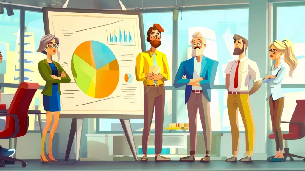 Illustration d'une équipe de bureau échangeant devant un graphique en camembert, styles de management variés.