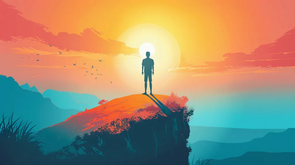 Silhouette contemplant un lever de soleil depuis un sommet, symbole d'épanouissement personnel