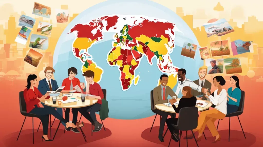 Illustration de collaborateurs du monde entier échangeant en équipe autour d'un globe terrestre coloré